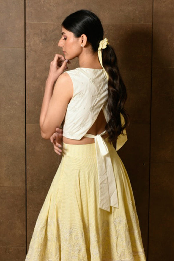 Yellow Striped Cotton Skirt With Co-Ord Embroidery And Schiffli Work
