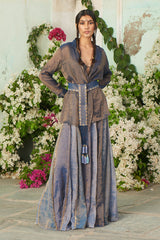 Blue Color Shacket with Skirt, Bustier and Embroidered Belt