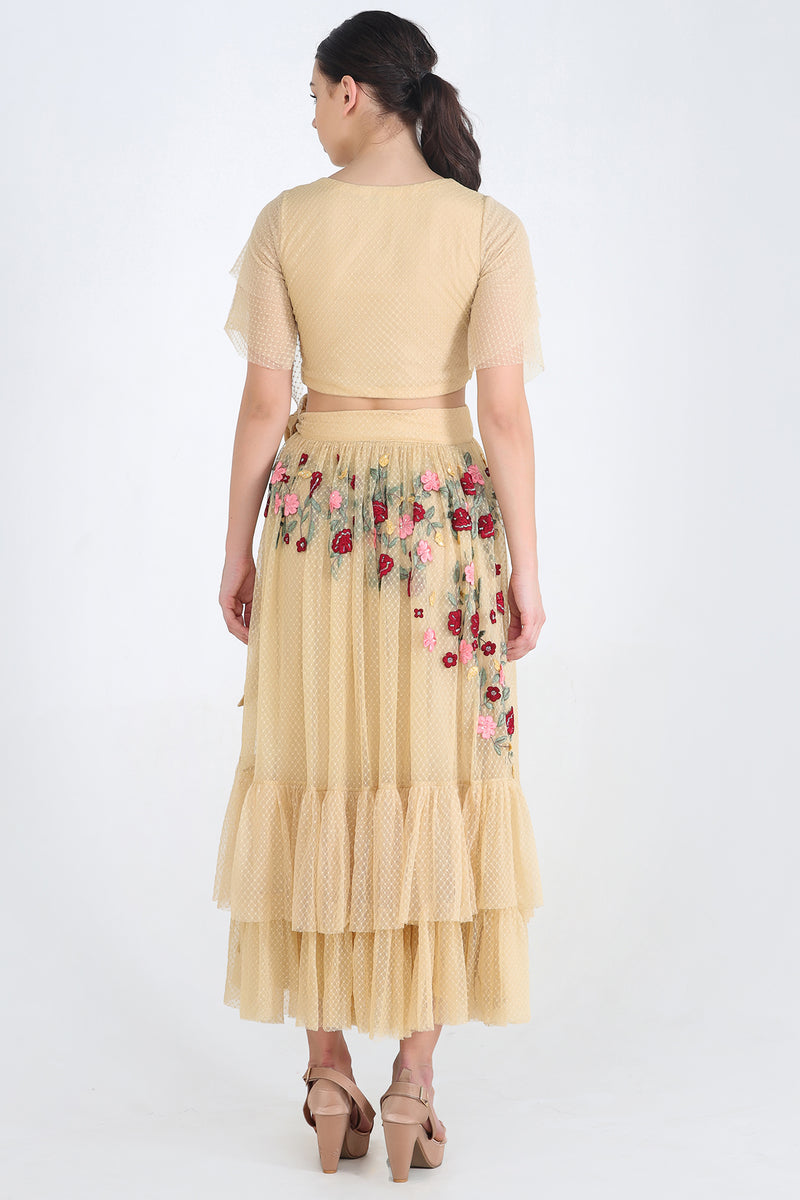 Beige Twill Top And Skirt With Maroon Floral Embroidery