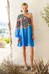 Blue Placement Printed Muslin One Off Shoulder Short Dress