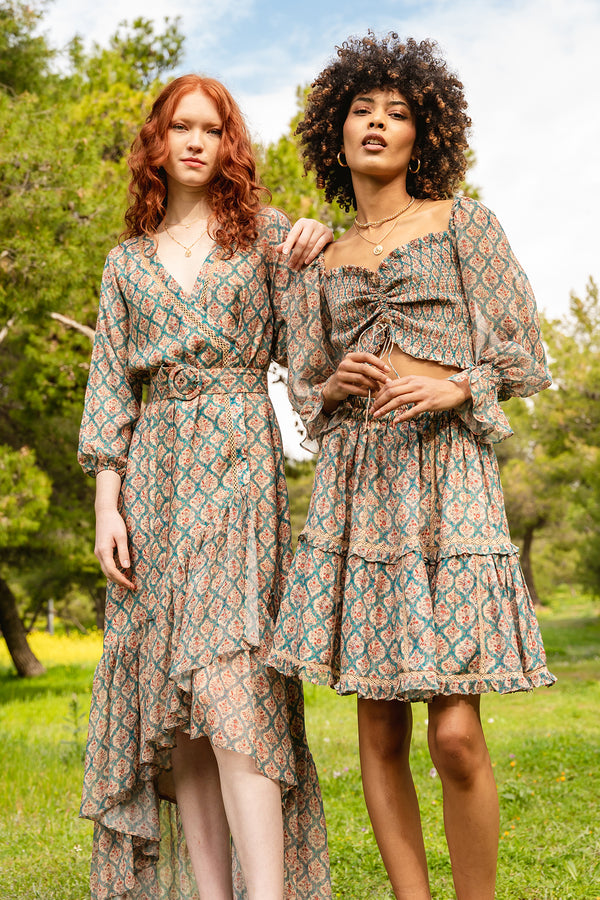 Beige muslin multi-color digital printed overlapping dress with belt