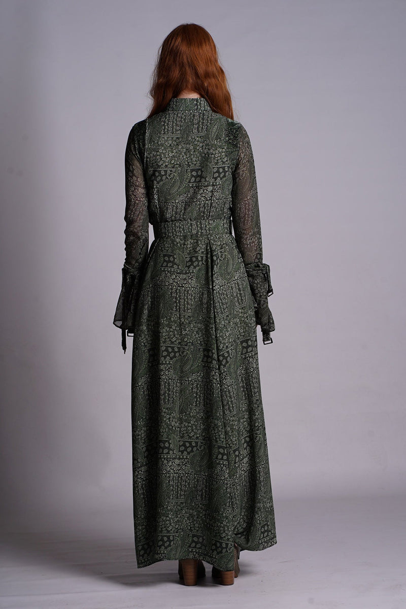 All Over Green Paisley Digital Printed Shirt Dress with Velvet Details 3