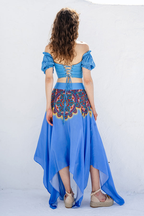 Blue Crepe Corset With Blue Placement Printed Muslin Asymmetrical Skirt
