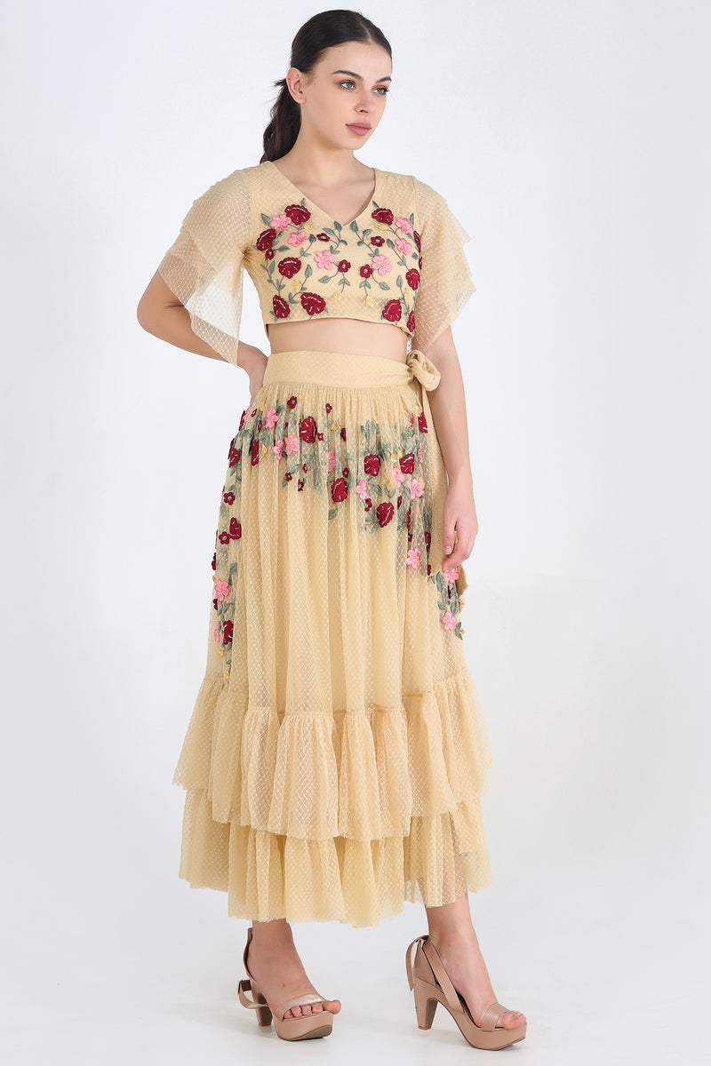 Beige Twill Top And Skirt With Maroon Floral Embroidery