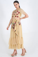 Beige Twill Top And Skirt With Maroon Floral Embroidery