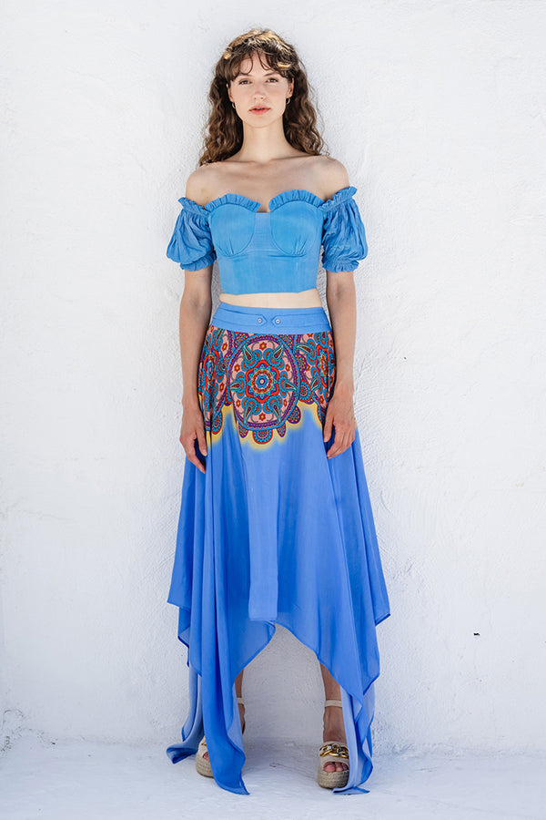 Blue Crepe Corset With Blue Placement Printed Muslin Asymmetrical Skirt