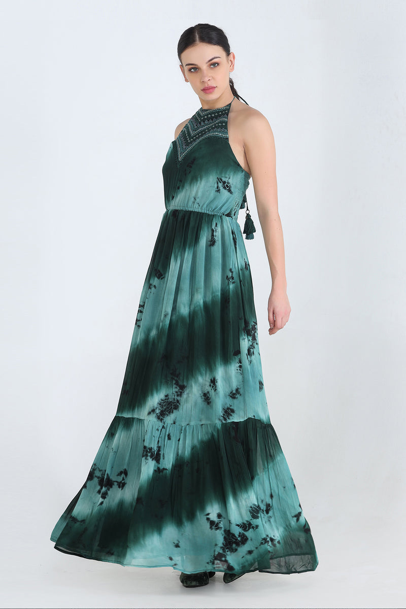 Green Monochrome Tie And Dye Georgette Halter Neck Maxi With Embroidered Yoke