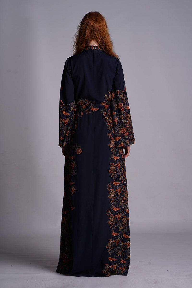 Blue Digital Floral Printed Tie up Maxi Dress with Flared Sleeves