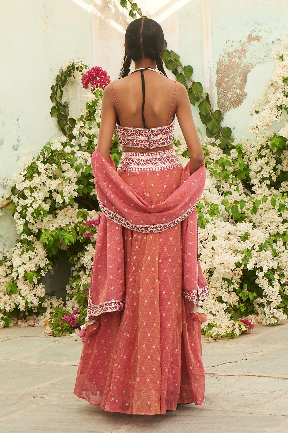 Pink Printed Silver Pita Work Ghagra Set