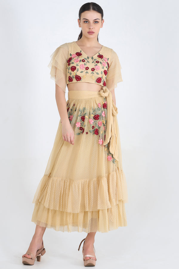 Beige Twill Top And Skirt With Maroon Floral Embroidery