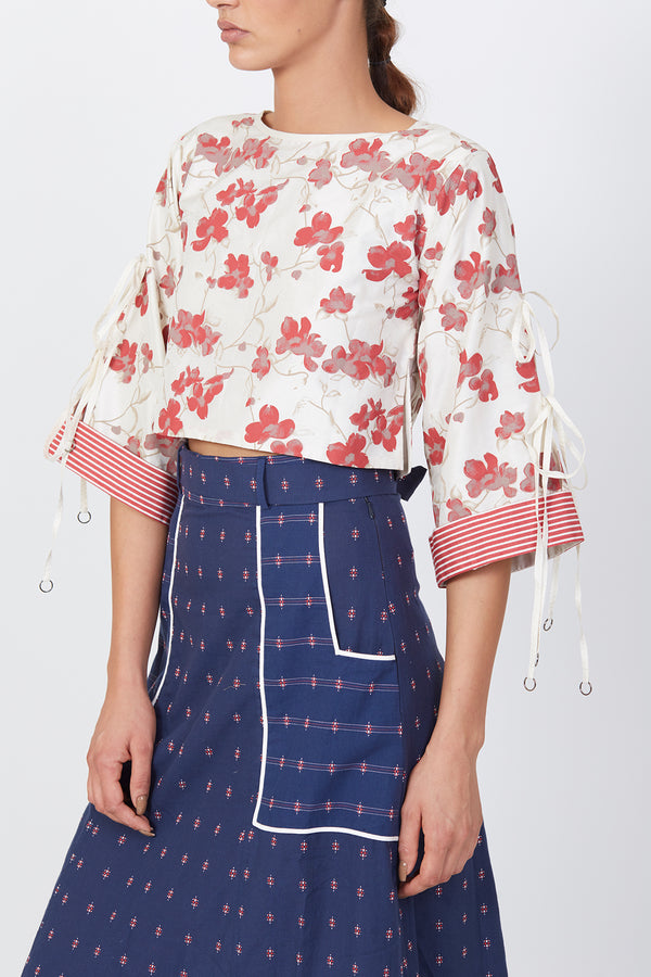 Cream & Red Flower Crop Top With Blue Dotted Skirt