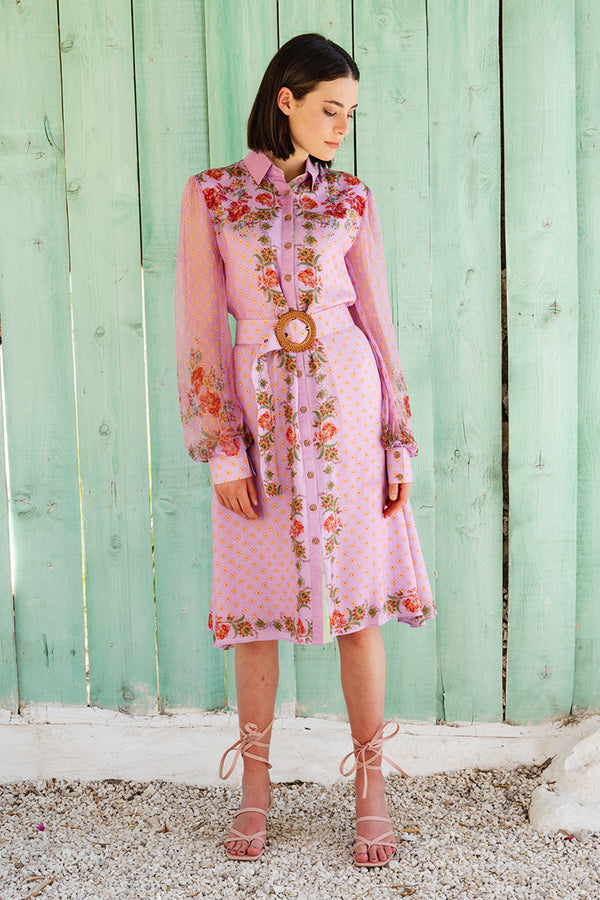 Lilac Placement Printed Shirt Dress With Chiffon Sleeves And Belt