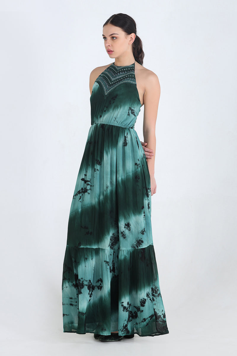 Green Monochrome Tie And Dye Georgette Halter Neck Maxi With Embroidered Yoke
