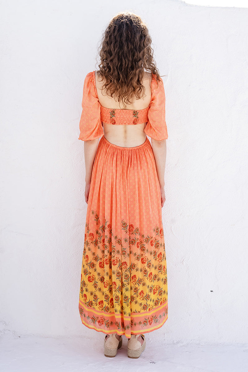 Peach Ombre Printed Chiffon Midi Dress