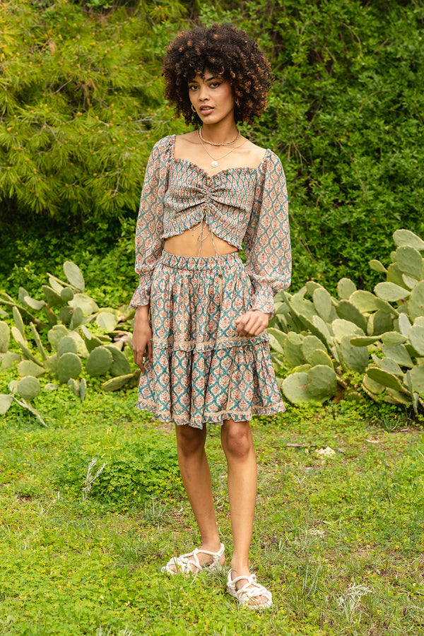 Beige muslin multi-color digital printed smoked crop top and mini skirt