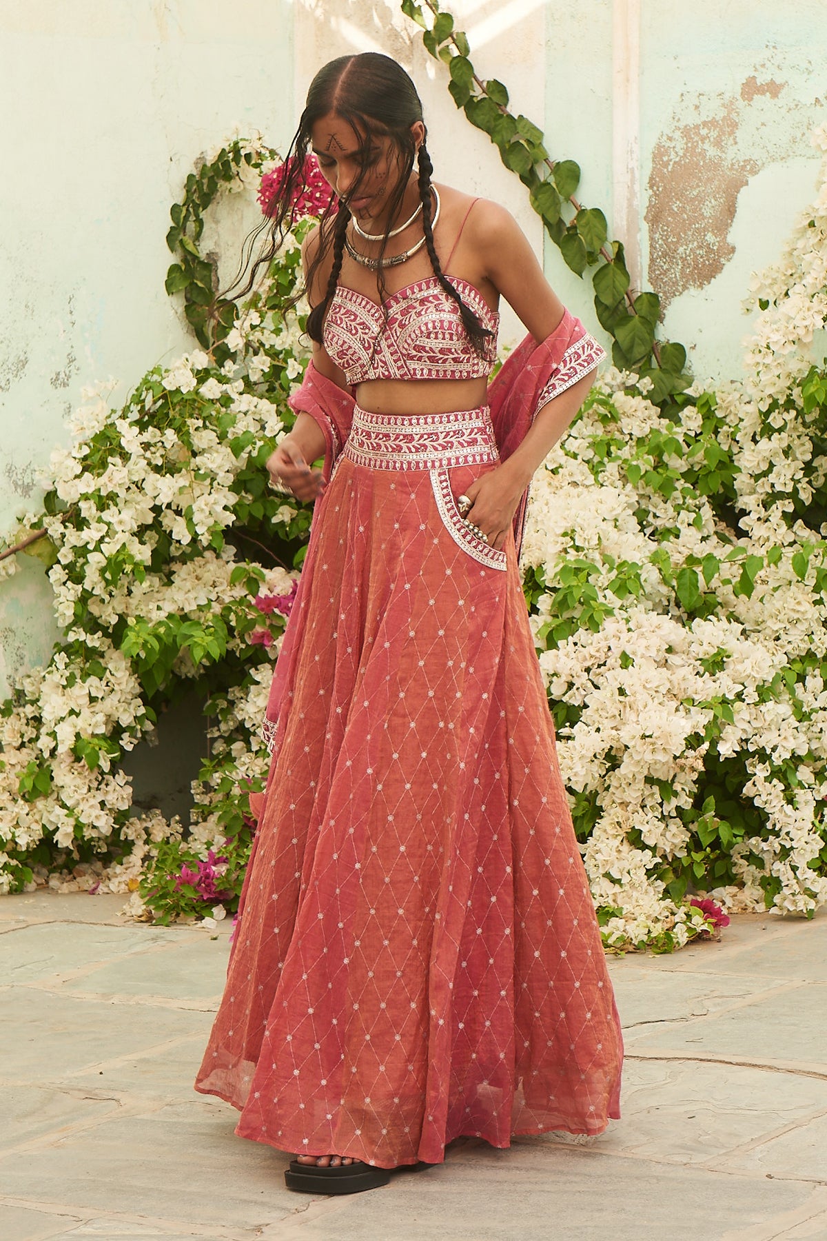 Pink Printed Silver Pita Work Ghagra Set