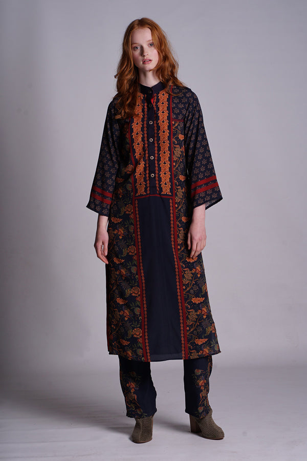 Navy Blue Placement Print Chintz Kurta with With Navy Blue Print Placement Chintz Pajama Pants