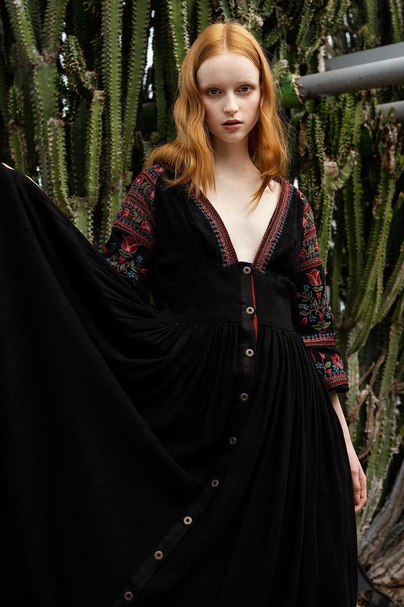 Black Viscose Texture Midi Dress with Polish Embroidery