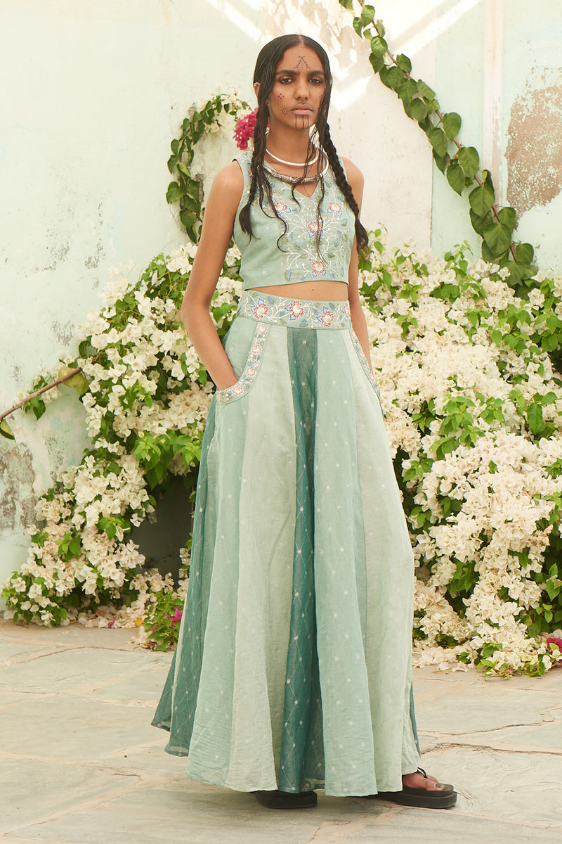 Mint Green Crop Top with Skirt and Belt