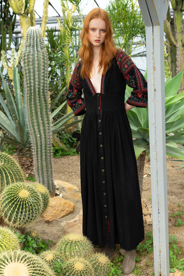 Black Viscose Texture Midi Dress with Polish Embroidery