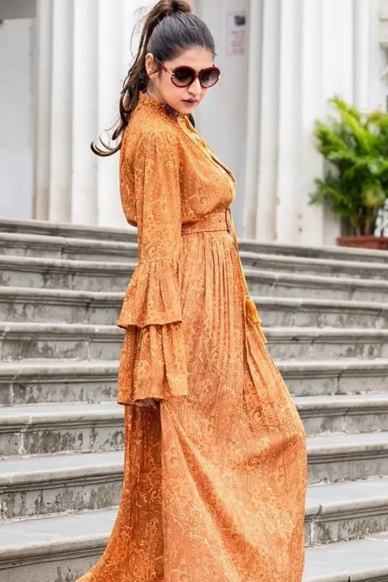Deepika Ghose In Ochre Paisley Double Tired Dress with Embroidered Placket
