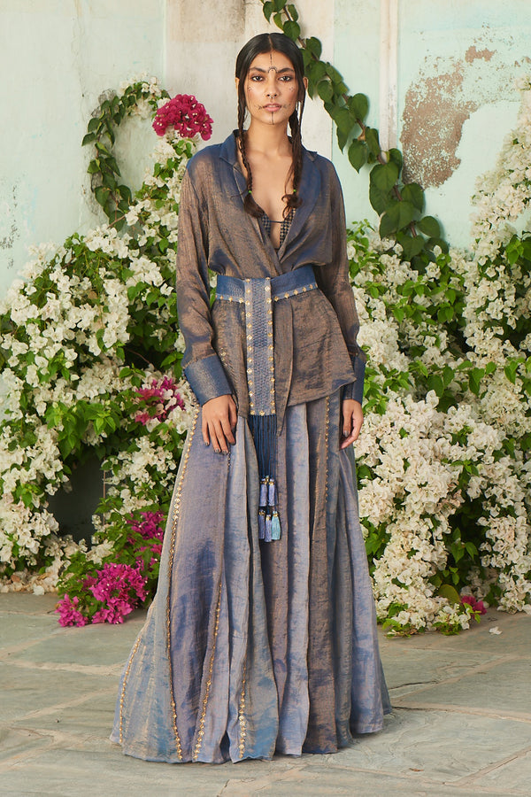 Blue Color Shacket with Skirt, Bustier and Embroidered Belt