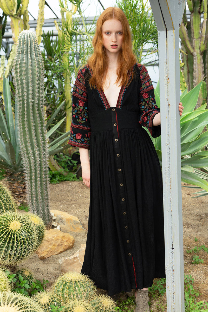 Black Viscose Texture Midi Dress with Polish Embroidery