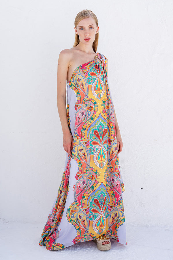 Lilac With Multi-color Print Muslin One Off Shoulder Maxi
