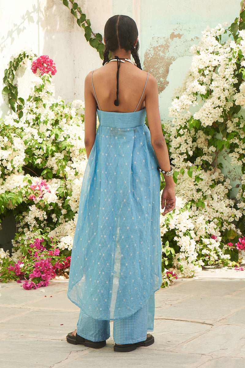 Blue Front Open Printed Tunic with Embroidered Yoke and Flap Printed Pants