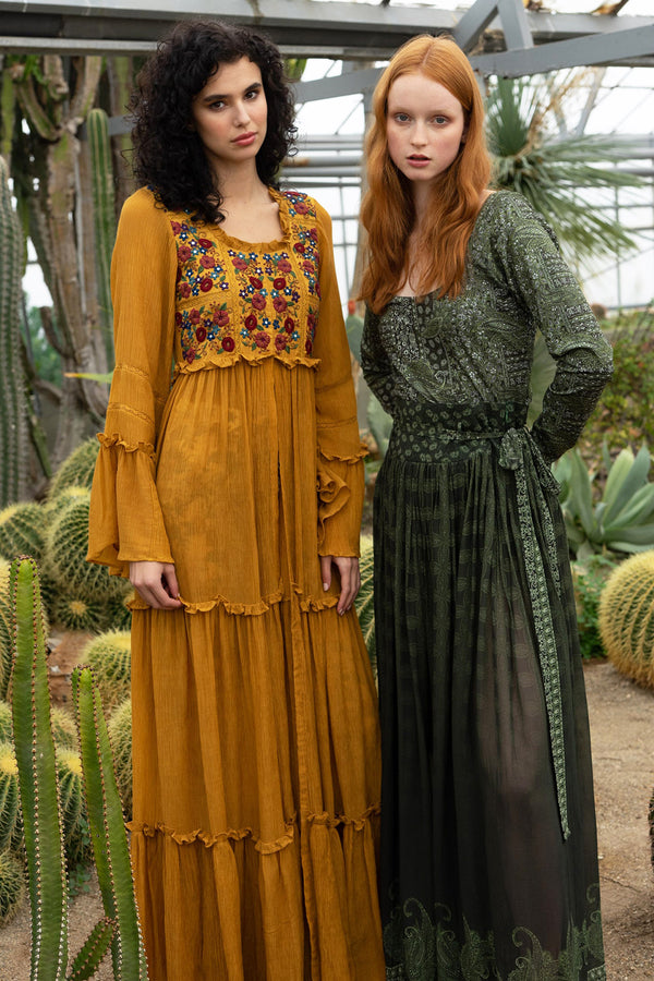 Crush Fabric Mustard Front Open Throw with Embroidered Bodice