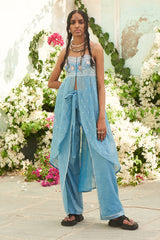 Blue Front Open Printed Tunic with Embroidered Yoke and Flap Printed Pants