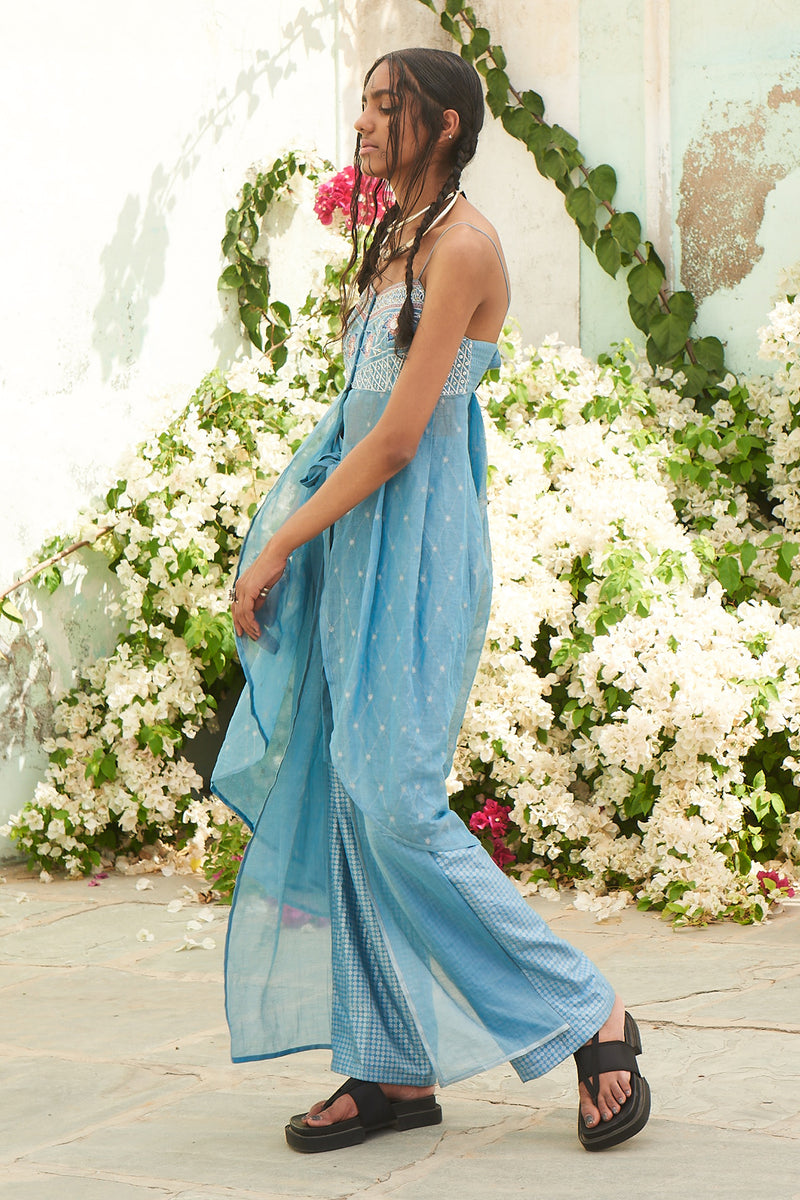 Blue Front Open Printed Tunic with Embroidered Yoke and Flap Printed Pants