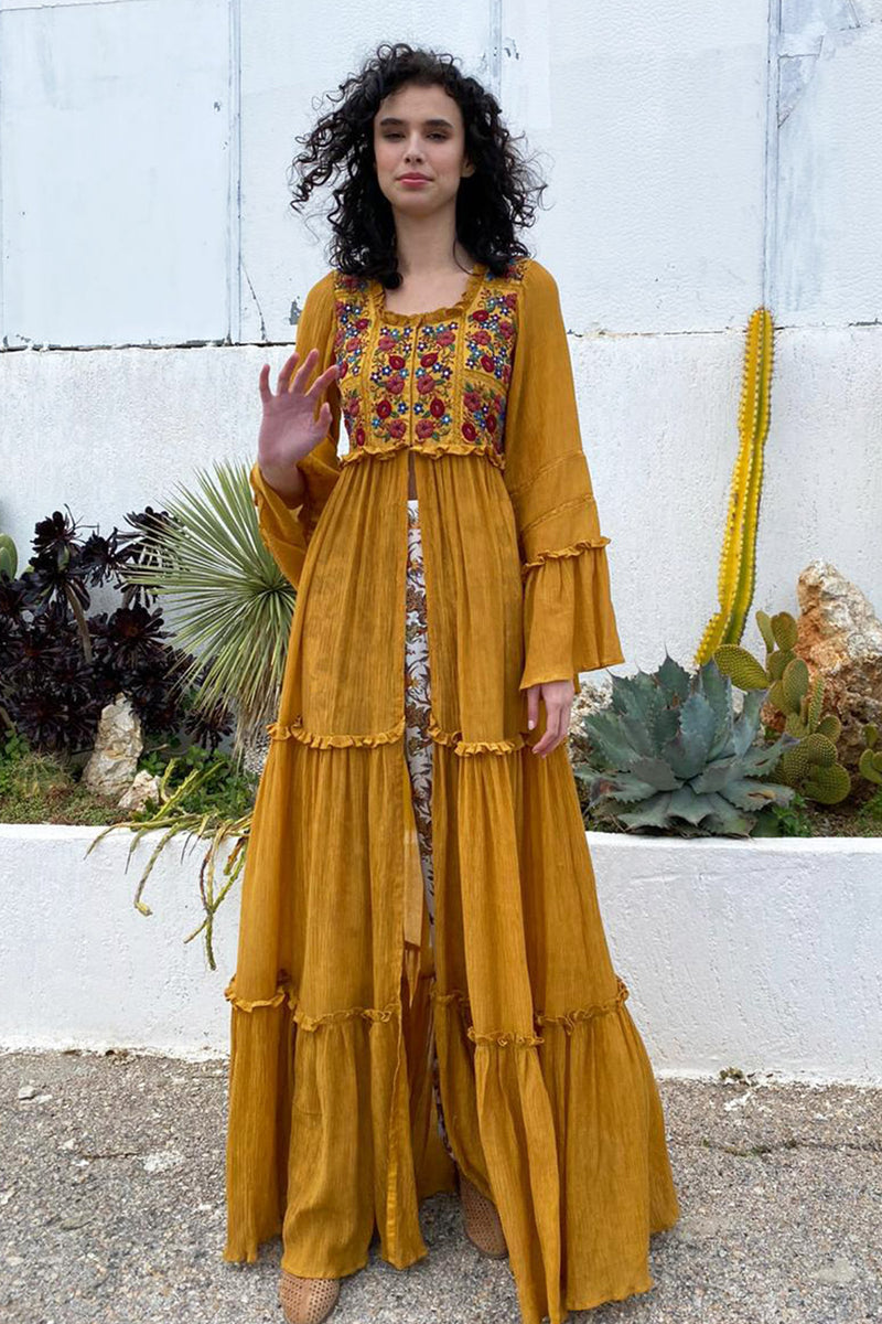 Crush Fabric Mustard Front Open Throw with Embroidered Bodice