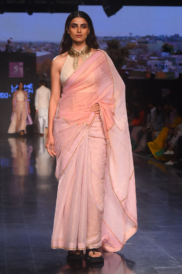 Pink Color Blocked Danka Saree With Halter Neck Katli Printed Danka Blouse