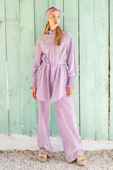 Purple Cotton Checks Co-Ord Embroidered Set