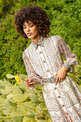 White multi-color printed muslin shirt dress with georgette sleeves and belt