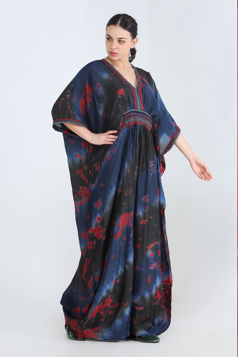 Black, Blue And Red Mul Kaftan With Embroidery On Waist And Sleeves