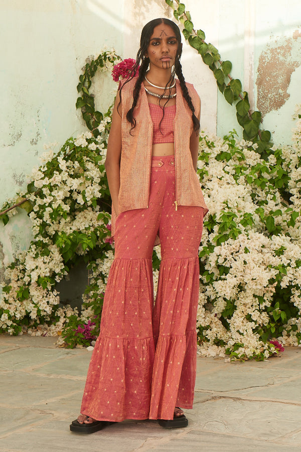 Pink Printed Sharara with Bustier and Sleeveless Printed Jacket