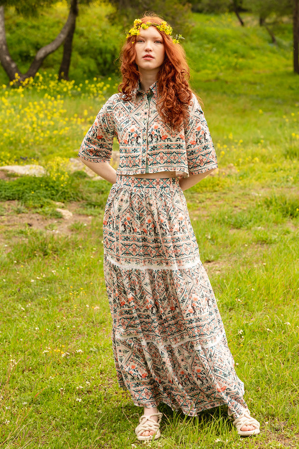 Multi-color digital printed muslin crop shirt and pleated tiered muslin skirt