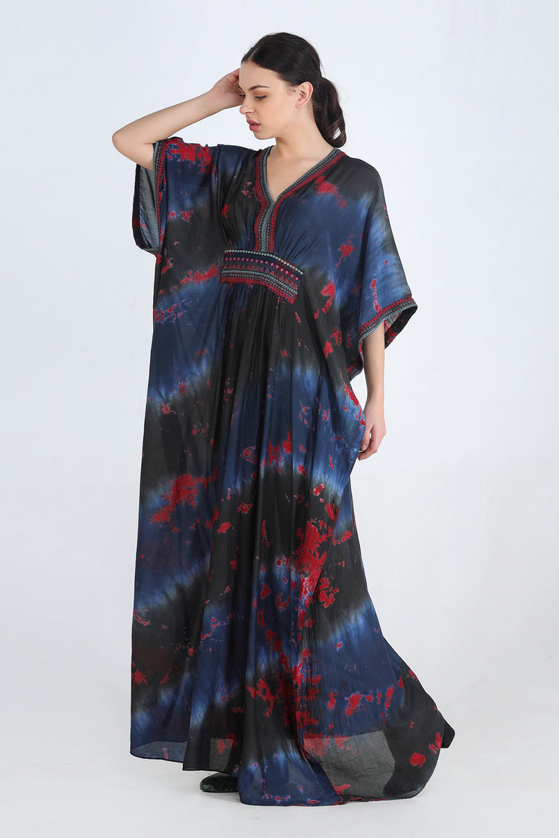 Black, Blue And Red Mul Kaftan With Embroidery On Waist And Sleeves
