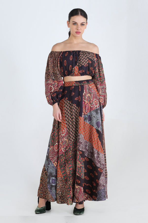 Off Shoulder Gathered Spliced Blouse