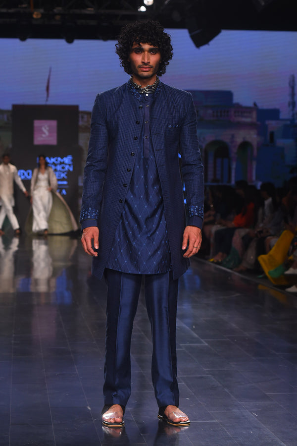 Blue Silk Embroidered Achkan With Maching Kurta and Pants