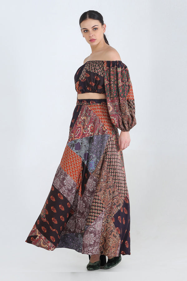 Off Shoulder Gathered Spliced Blouse
