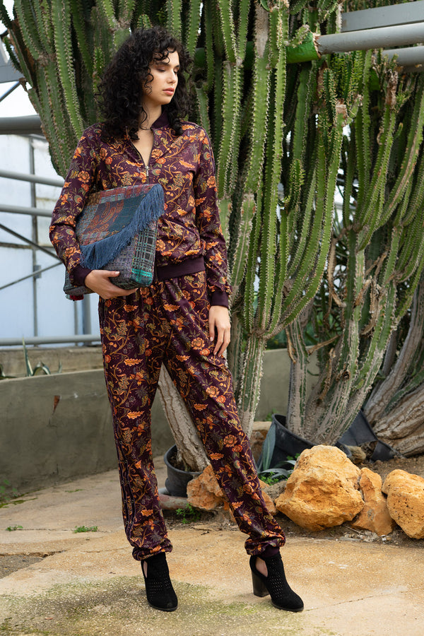 Burgandy Chintz Bomber With Velvet Trimmings With Burgandy Chintz Joggers With Velvet Trimmings