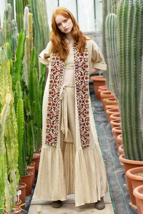 Ekru Oversize Dolmen Boho Embroidered Front Panel Anti-Fit Kaftan