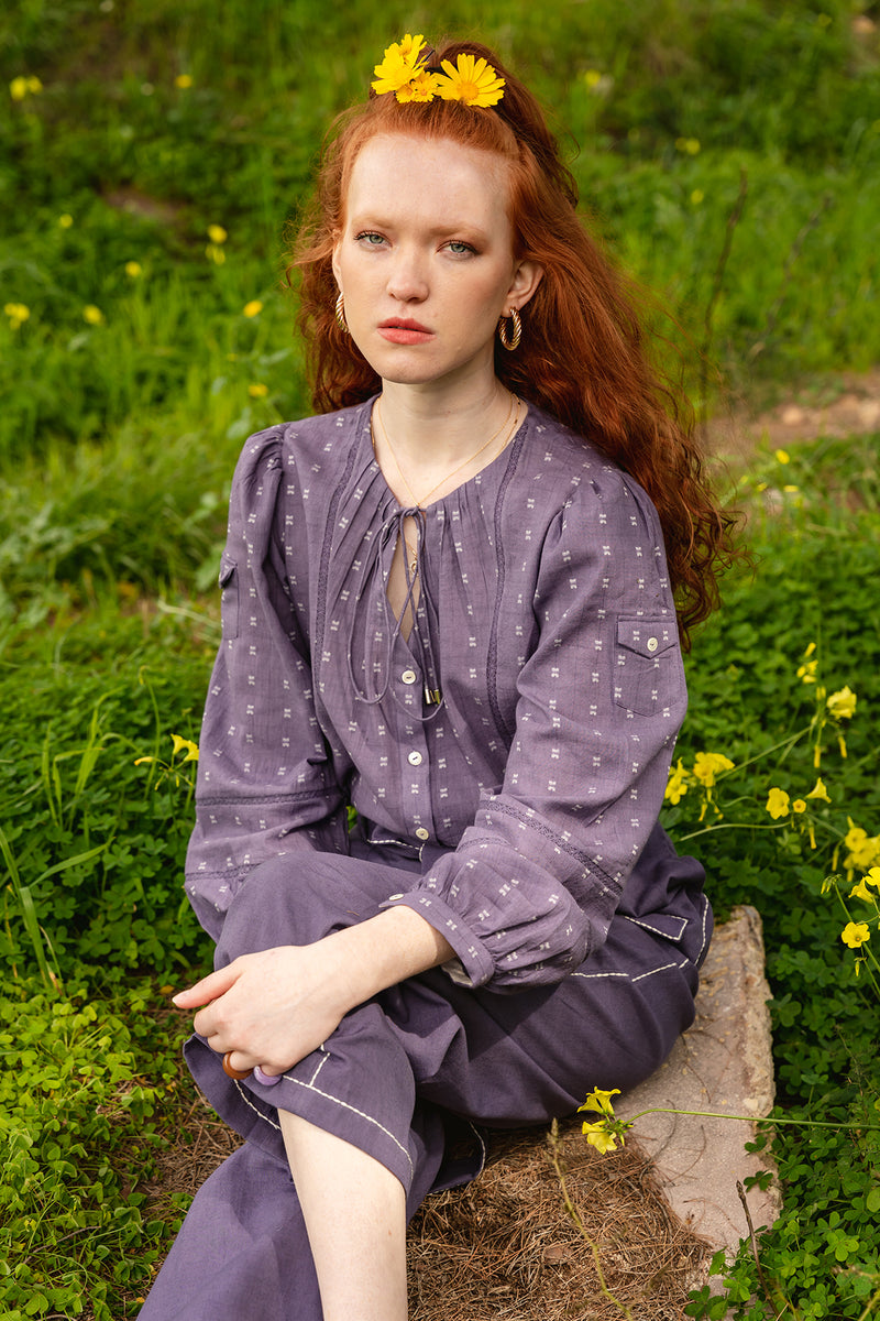 Purple linen pants with attached belt