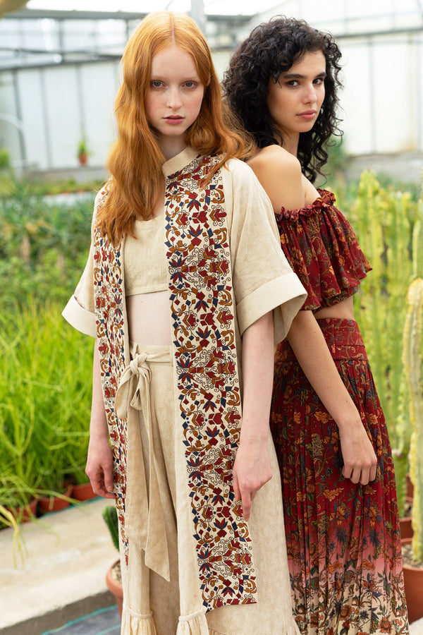 Ekru Oversize Dolmen Boho Embroidered Front Panel Anti-Fit Kaftan