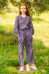 Purple linen pants with attached belt