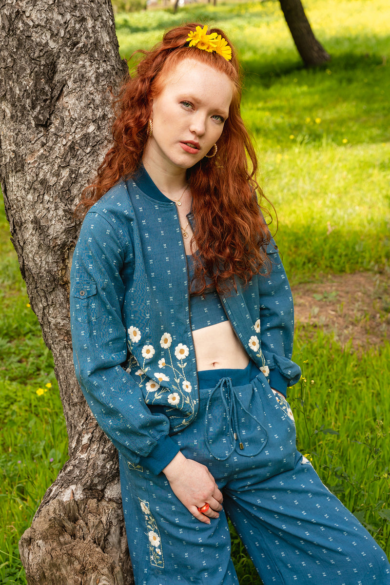 Blue cotton dobby floral embroidered bomber top and jogger