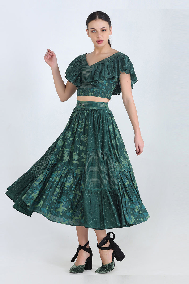 Green Print Mix Monochrome Gathered Skirt With Insertion Details